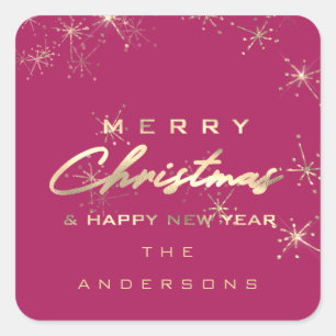Sticker Carré Joyeux Noël Joyeux Nouvel An Étoiles rose Étincell