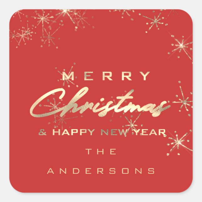 Sticker Carré Joyeux Noël Joyeux Nouvel An Étoiles Rouge Étincel (Devant)