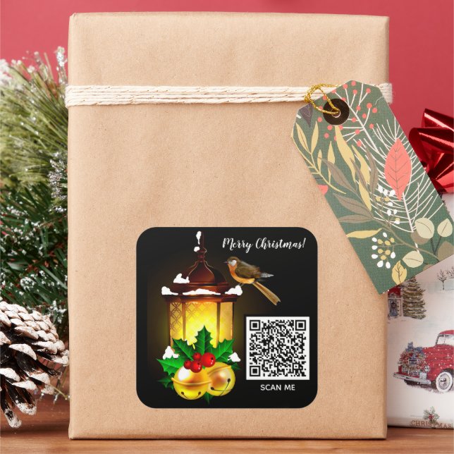 Sticker Carré Joyeux Noël Lantern Bird Code QR (vacances)