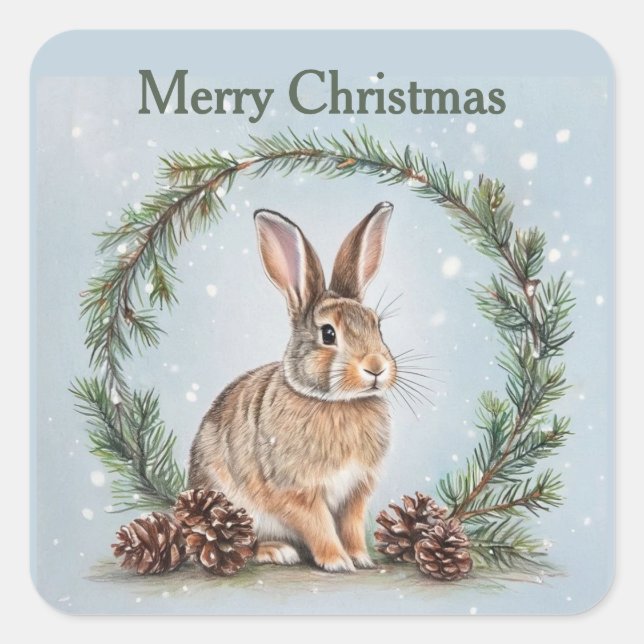 Sticker Carré Joyeux Noël Lapin et Pin (Devant)