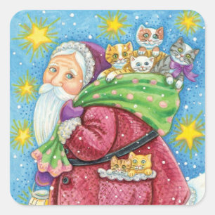 Sticker Carré Joyeux Noël, le Père Noël avec des chatons et des