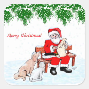 Sticker Carré Joyeux Noël - le père noël avec le chat et le