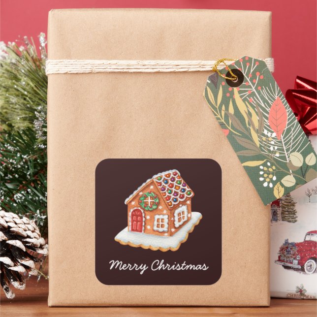 Sticker Carré Joyeux Noël Maison en pain d'épices (vacances)