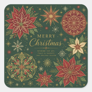 Sticker Carré Joyeux Noël Mandala Orné de Poinsettias