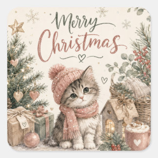 Sticker Carré Joyeux Noël Mignon Chatons