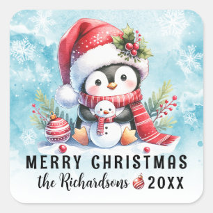 Sticker Carré Joyeux Noël mignon pingouin neige et coutume rouge