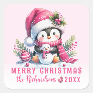 Sticker Carré Joyeux Noël mignon Pingouin rose Personnalisé