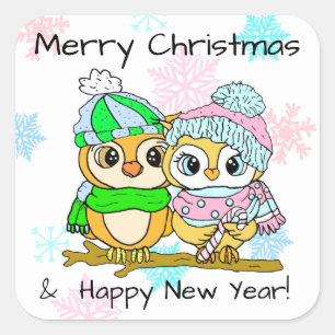 Sticker Carré Joyeux Noël mignonne Chouette Couple Noël