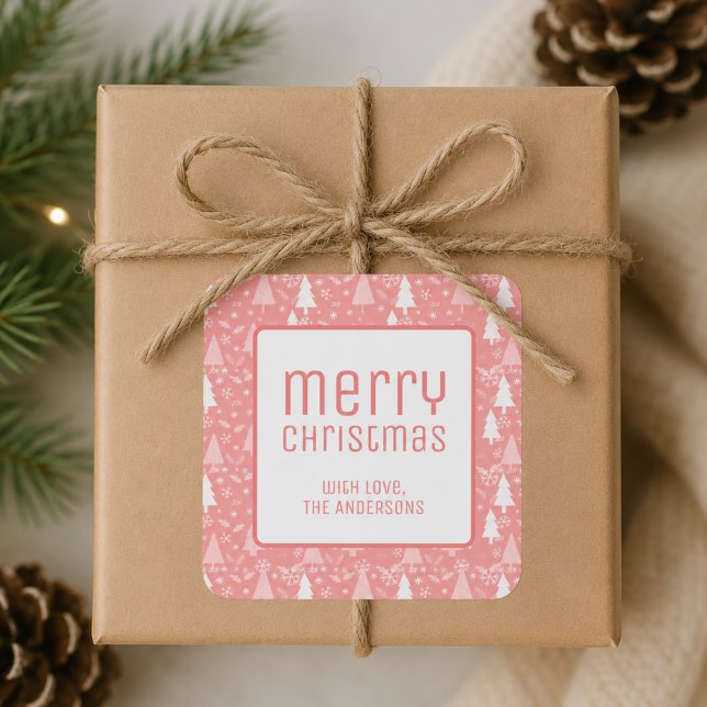 Sticker Carré Joyeux Noël Moderne Rose Fêtes (Modern Merry Christmas Pink Holiday Square Sticker)