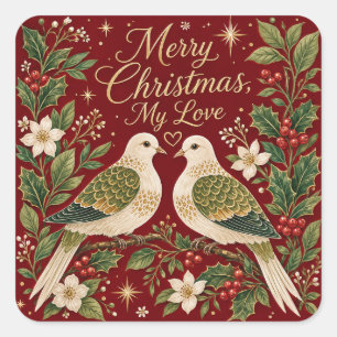 Sticker Carré Joyeux Noël Mon Amour Tourterelles Houx