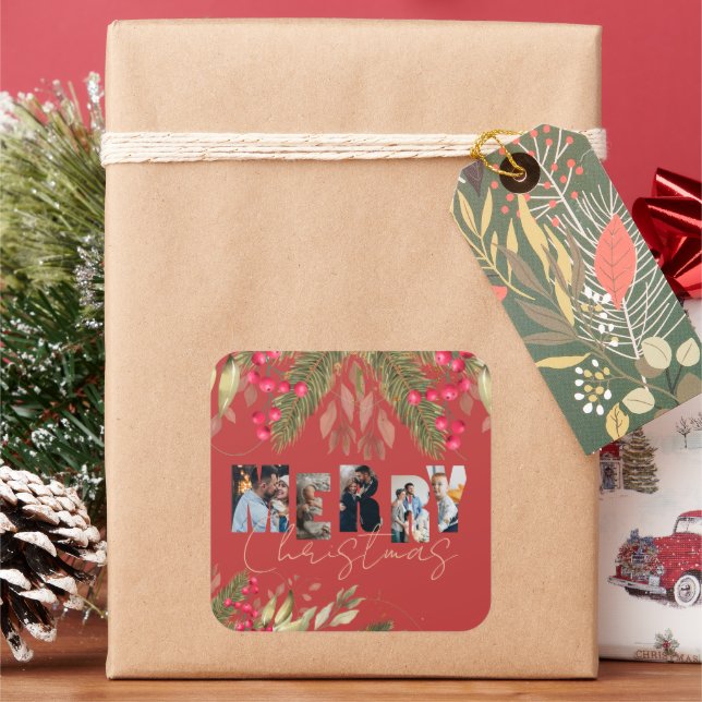 Sticker Carré Joyeux Noël Multi Photo Red Gold Fête (vacances)