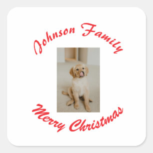 Sticker Carré joyeux noël nom de famille rouge photo animal fami