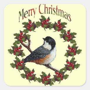 Sticker Carré Joyeux Noël : Oiseau, guirlande, art original