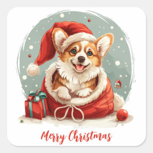 Sticker Carré Joyeux Noël Pembroke Welsh Corgi Puppies