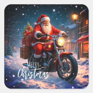 Sticker Carré Joyeux Noël Père Noël à moto & Cadeaux