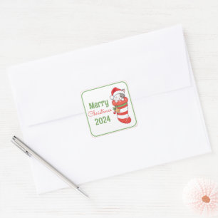 Sticker Carré Joyeux Noël - Petit Chat Endormi avec Chapeau de P