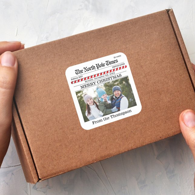 Sticker Carré Joyeux Noël Photo Whimsical Journal Imprimer (Merry Christmas holiday Newspaper photo sticker.)