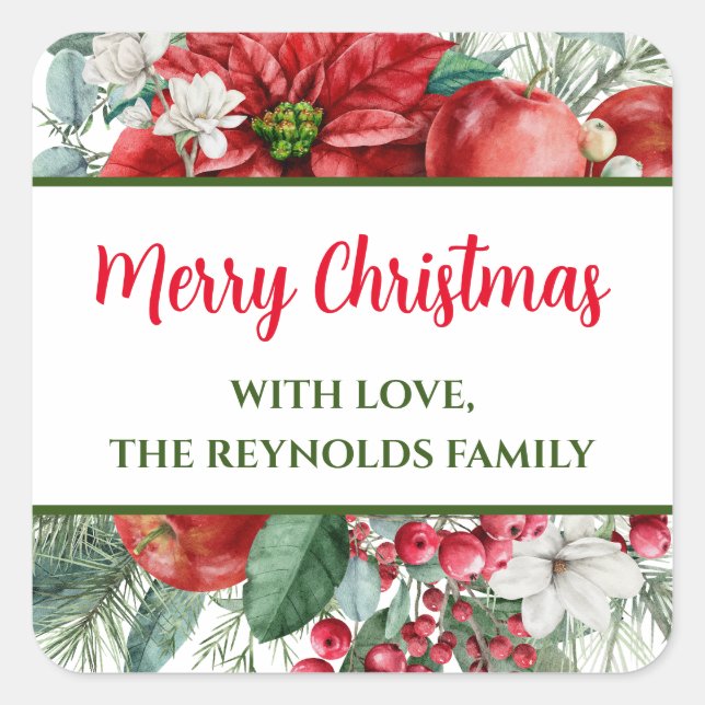 Sticker Carré Joyeux Noël Poinsettia Fleur Faveur (Devant)