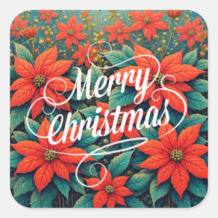 Sticker Carré Joyeux Noël, Poinsettias rouges,