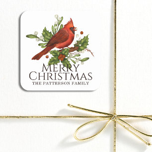 Sticker Carré Joyeux Noël Red Cardinal Holly Personnalisé