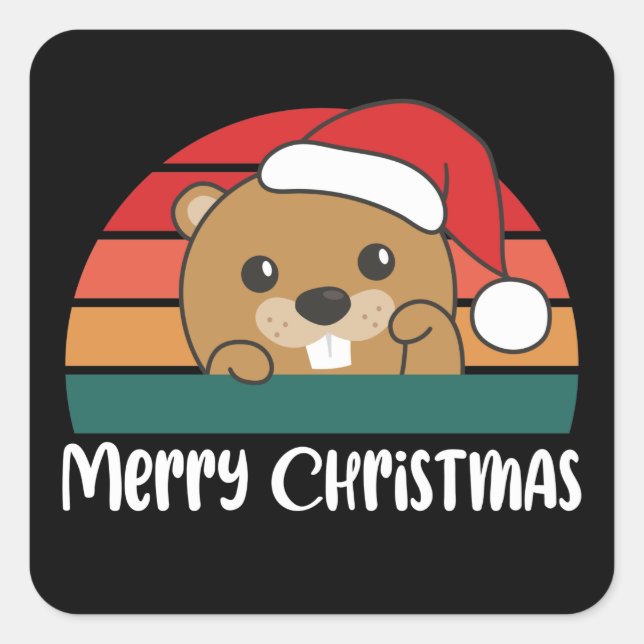 Sticker Carré Joyeux Noël Retro Beaver Noël (Devant)