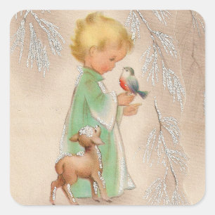 Sticker Carré Joyeux Noël   Retro Enfant d'hiver avec amis