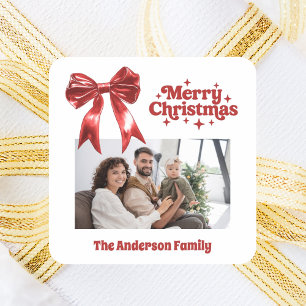 Sticker Carré Joyeux Noël rouge arc retro photo