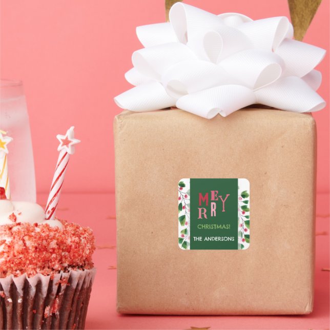 Sticker Carré Joyeux Noël Rouge Et Vert Aquarelle Wreath (Fête)