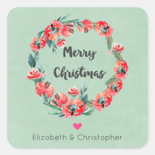Sticker Carré Joyeux Noël Rouge Floral Wreath & Heart
