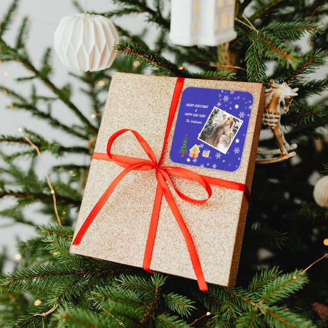 Sticker Carré Joyeux Noël Royal Blue Family Photo (Créateur téléchargé)