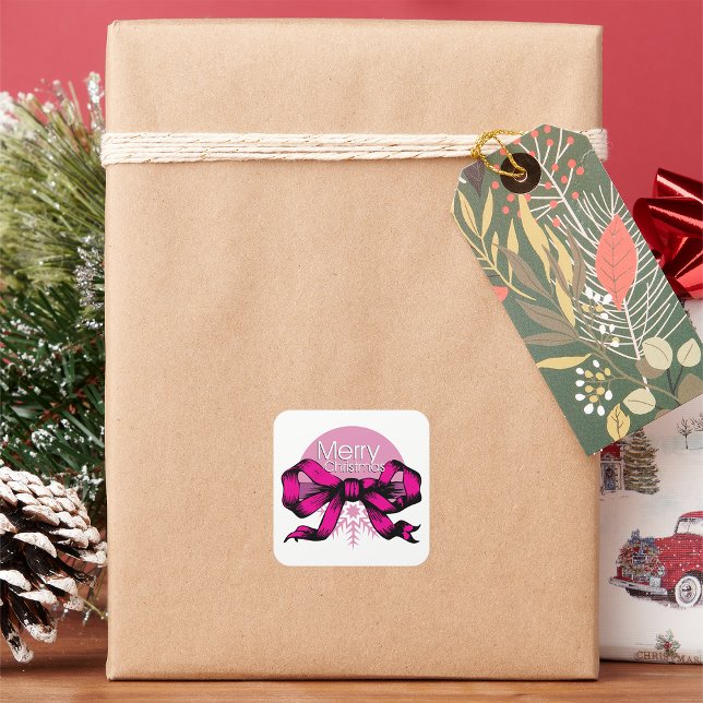 Sticker Carré Joyeux Noël Ruban Rose (Créateur téléchargé)