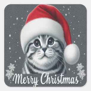 Sticker Carré Joyeux Noël Scottish Pold Cat, Xmas Père Noël Cat