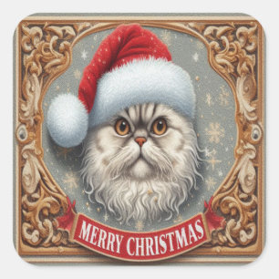 Sticker Carré Joyeux Noël Selkirk Rex Cat, Noël Père Noël Kitty
