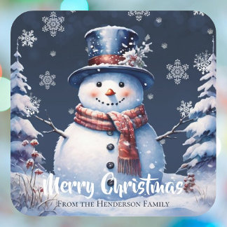 Sticker Carré Joyeux Noël Snowman de la forêt d'hiver