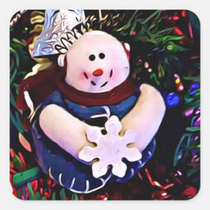 Sticker Carré Joyeux Noël Snowman Holding Snowflake