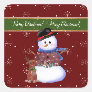 Sticker Carré Joyeux Noël! Snowman Snow Globe 