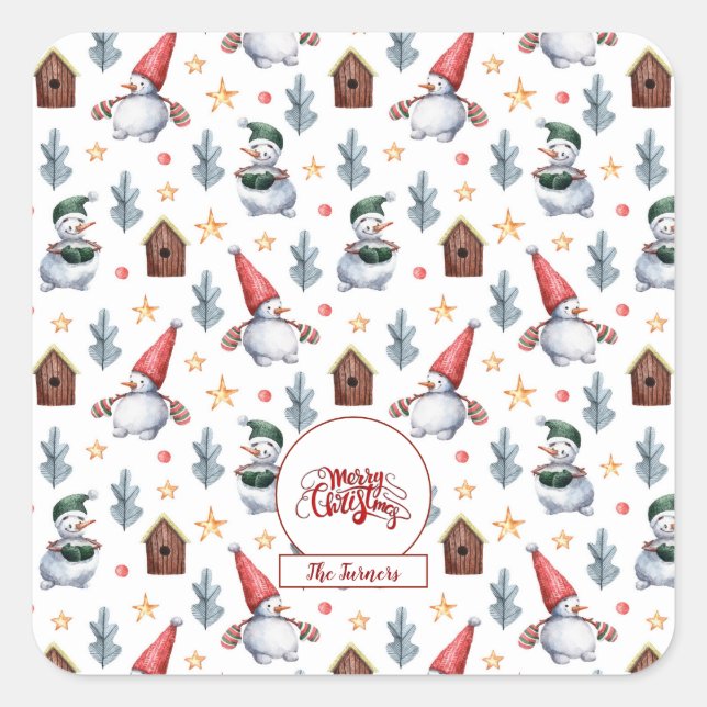 Sticker Carré Joyeux Noël Snowman Snowflakes Monogramme (Devant)