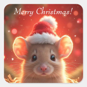 Sticker Carré Joyeux Noël - Souris mignonne au chapeau de Père N