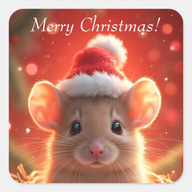 Sticker Carré Joyeux Noël - Souris mignonne au chapeau de Père N (Devant)