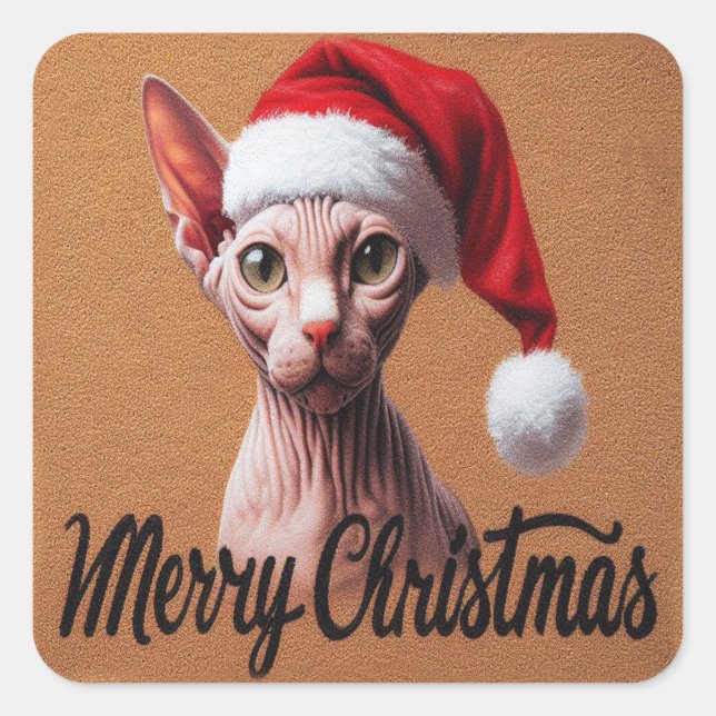 Sticker Carré Joyeux Noël Sphynx Chat, Xmas Père Noël Sphynx (Devant)