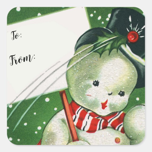 Sticker Carré Joyeux Noël | Tag cadeau Retro Snowman (Devant)