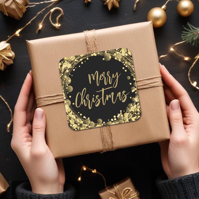 Sticker Carré Joyeux Noël Twinkling Gold Stars (Merry Christmas twinkling gold stars square stickers)