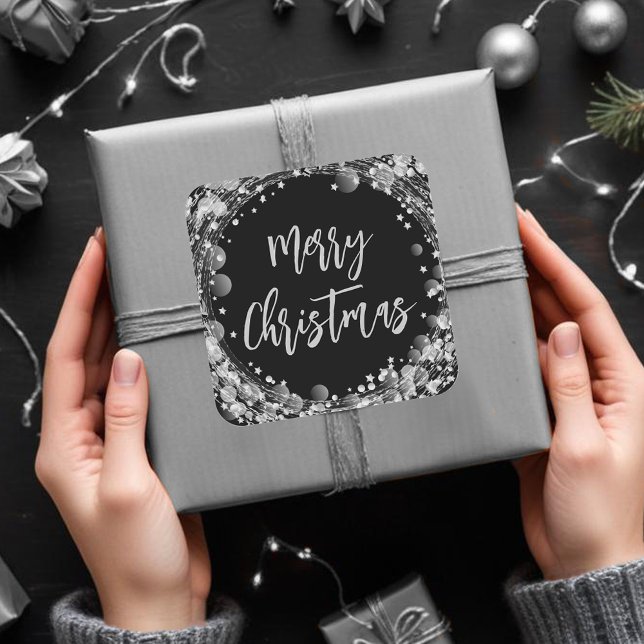 Sticker Carré Joyeux Noël Twinkling Silver Stars (Silver Stars Merry Christmas  Square 3" Stickers)