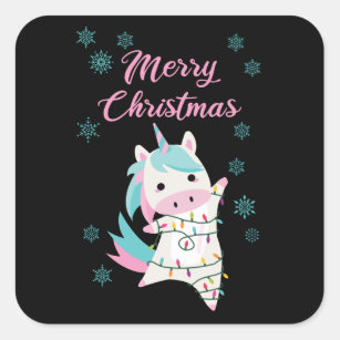 Sticker Carré Joyeux Noël Unicorne neige magique