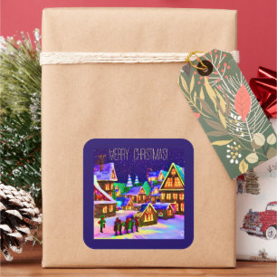 Sticker Carré Joyeux Noël - village dans la neige