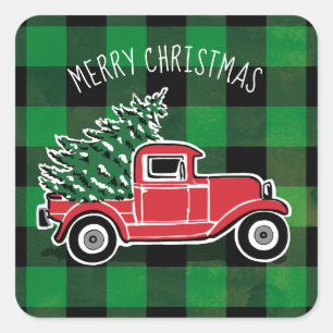 Sticker Carré Joyeux Noël Vintage Camion Green Buffalo Plaid