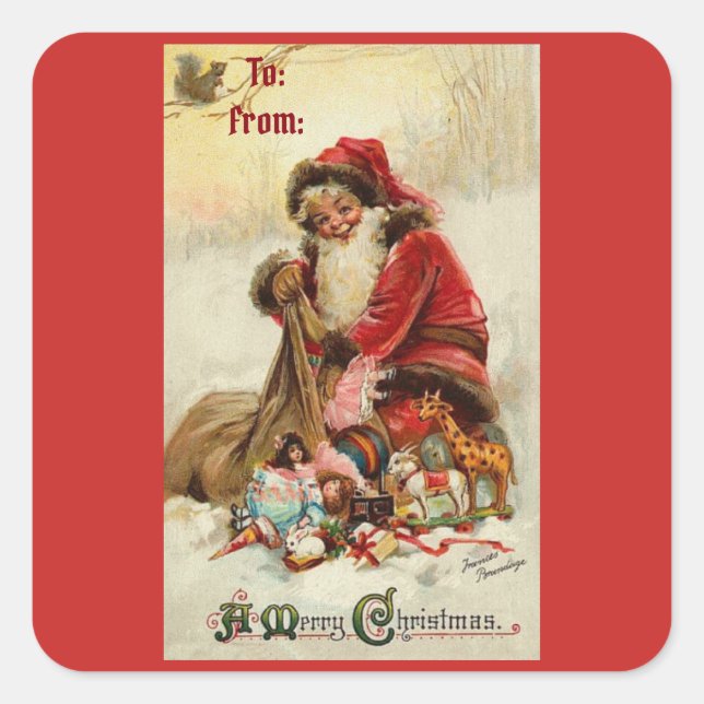 Sticker Carré Joyeux Noël Vintage Père Noël (Devant)