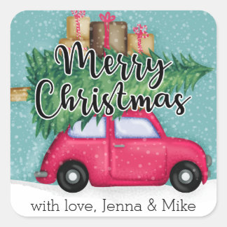 Sticker Carré Joyeux Noël | Voiture à neige en hiver