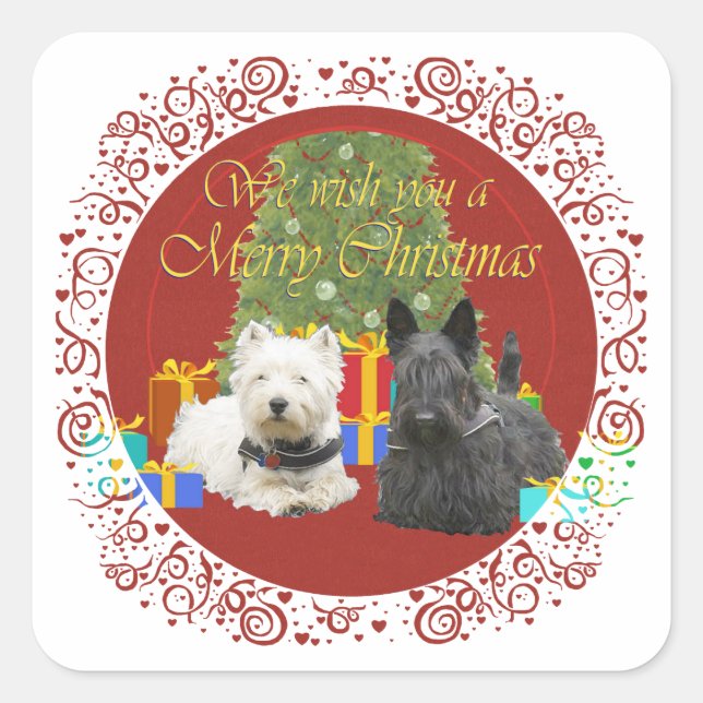 Sticker Carré Joyeux Noël Westie & Scottie (Devant)