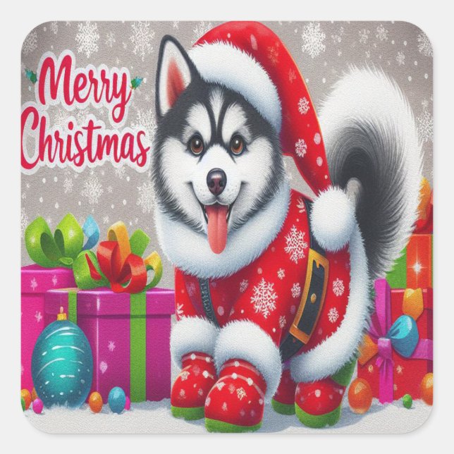 Sticker Carré Joyeux Noël Whimsical Siberian Husky Chien Xmas (Devant)